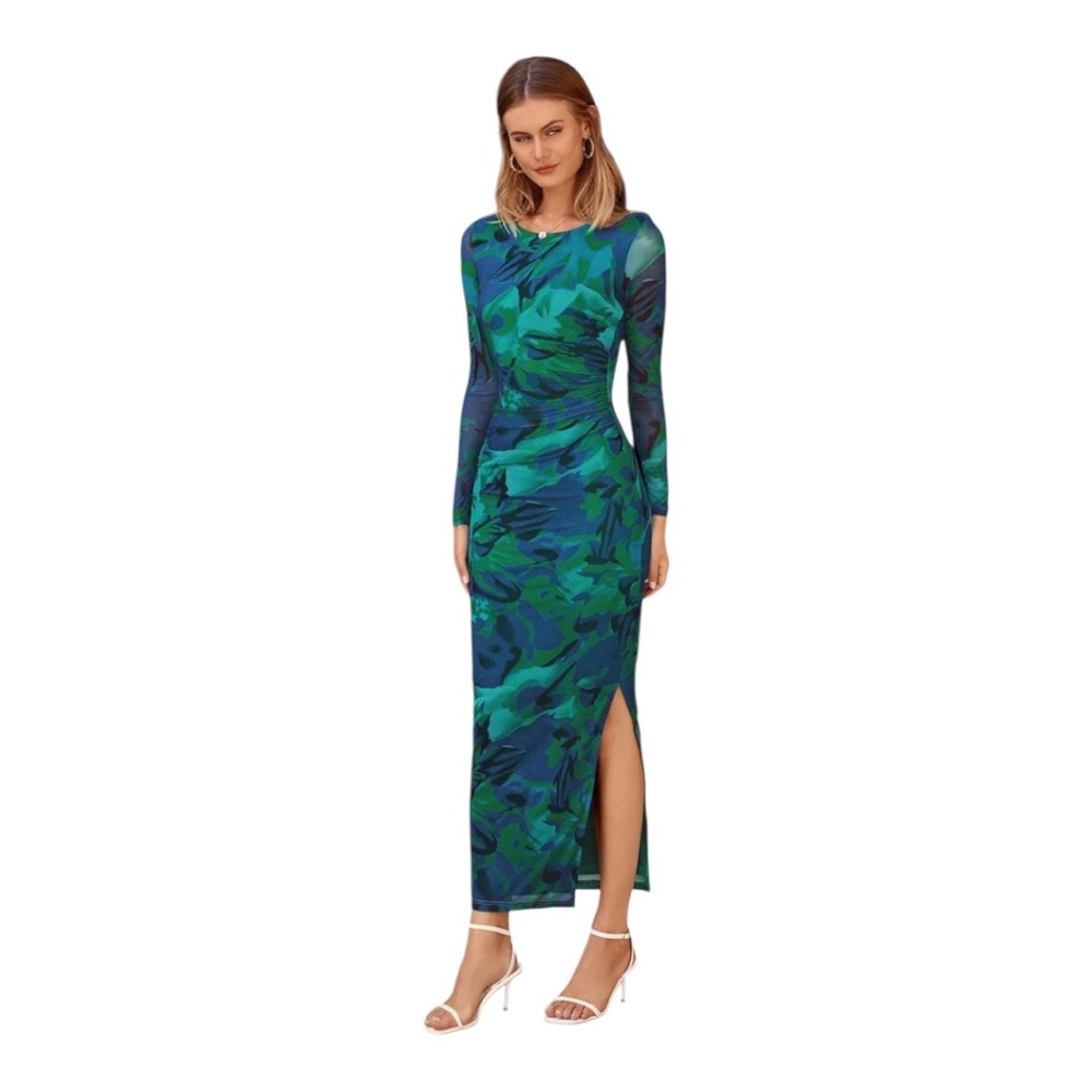 Green and Blue Long Sleeve Bodycon Dress for Night Out - Picture 6 of 15